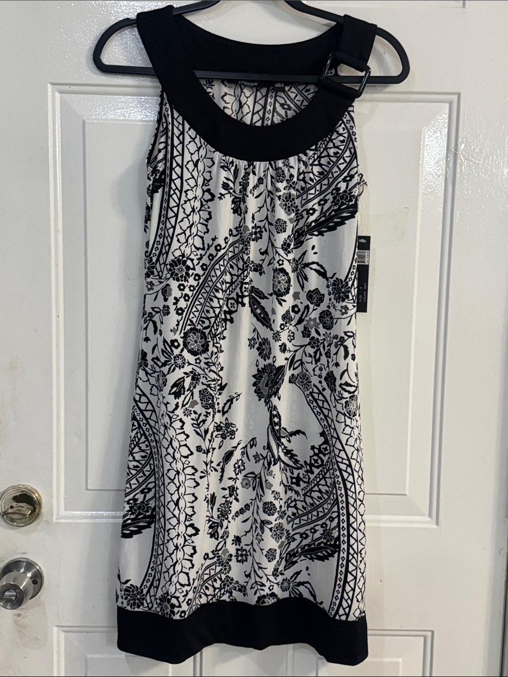 Essentials Black & White One-Shoulder Paisley Floral Dress with Buckle Strap